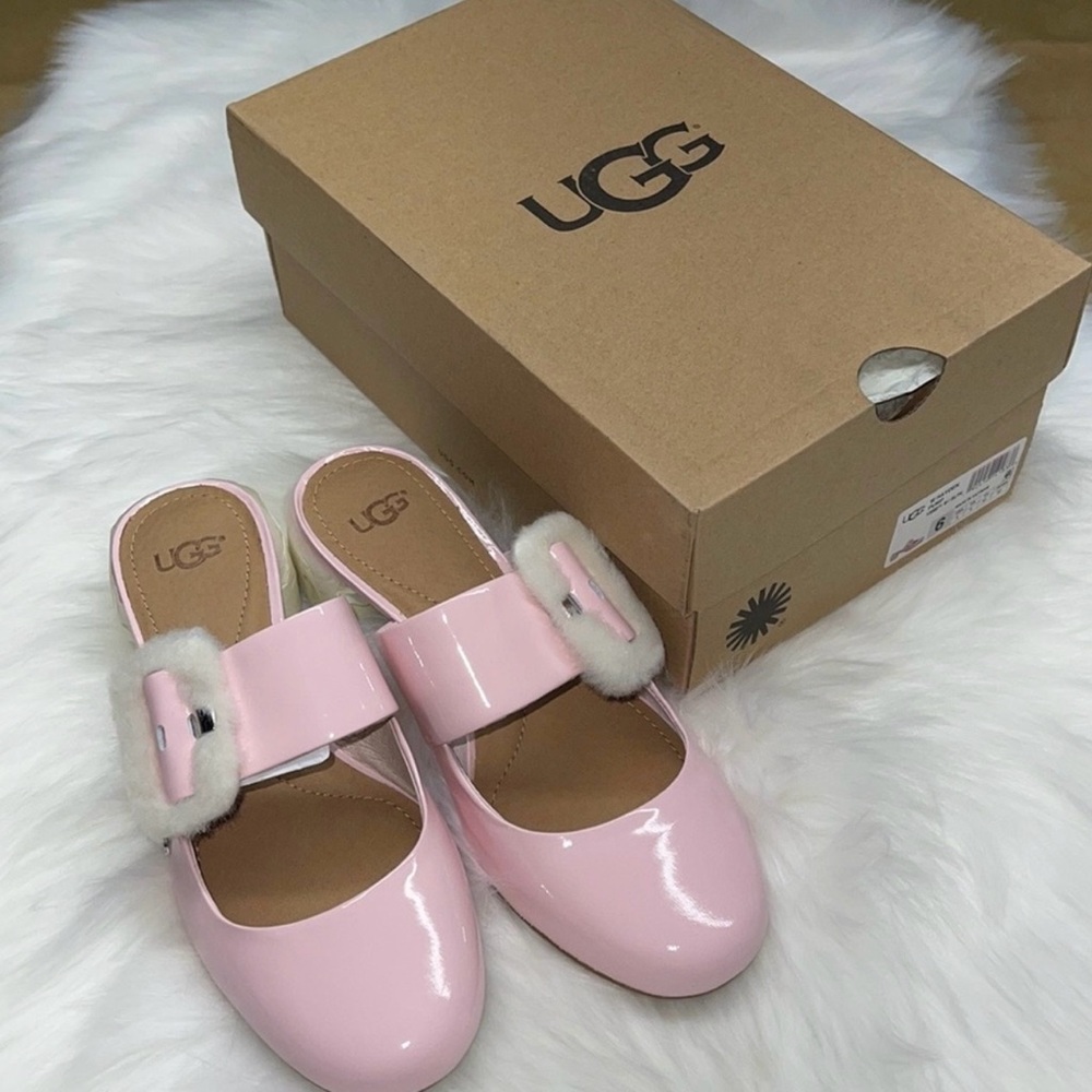 UGG Light Pink Patent Mules with White Fur